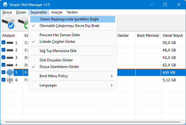 vhd manager sistem başlangıcında işaretlileri bağla