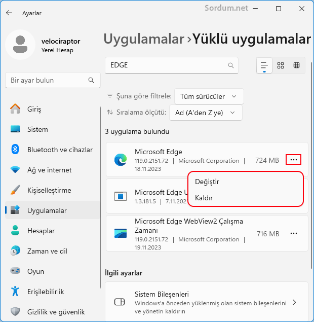 Microsot EDGE değiştir veya Kaldır silik hatası düzeltildi