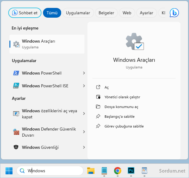 Arama ile windows araçlarına erişim