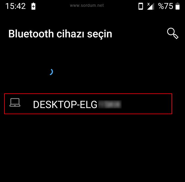 Bluetooth seçim ekranında bilgisayar