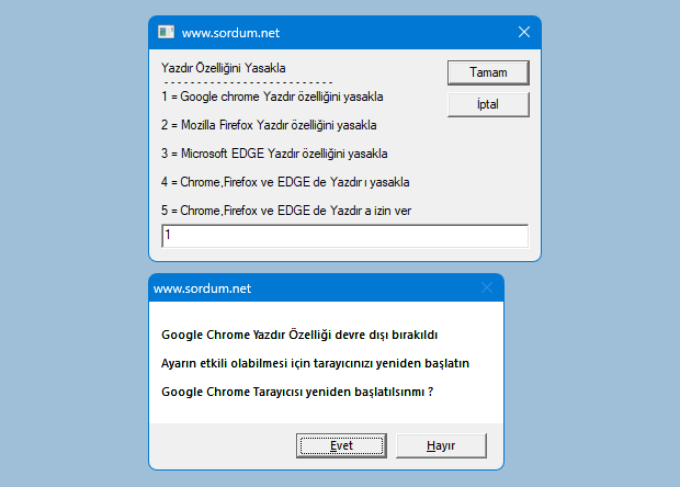 Chrome, Firefox ve EDGE de yazdır özelliğini yasakla