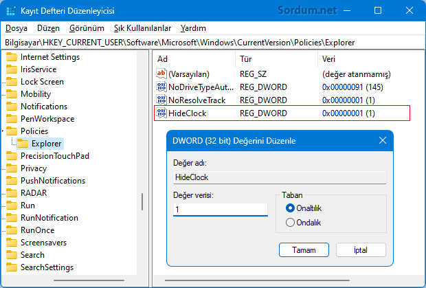 Hide clock registry ayarı