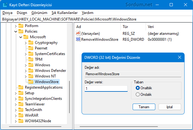 RemoveWindowsStore Registry değeri