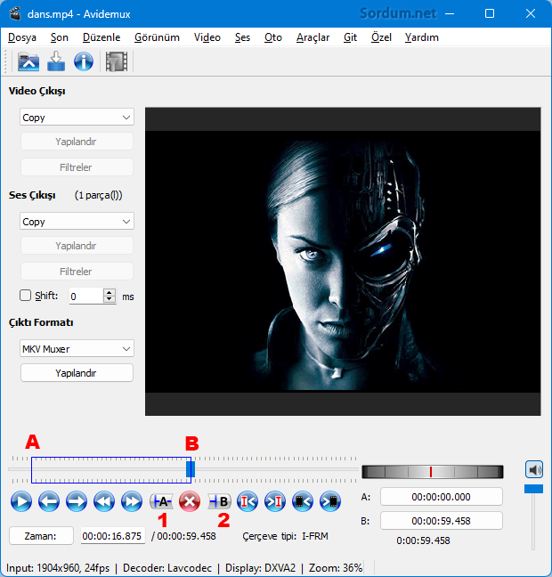 Avidemux ta filmin kesilecek yeri işaretlendi