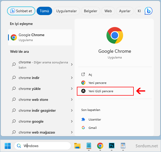 Chrome yi yeni gizli pencerede aç