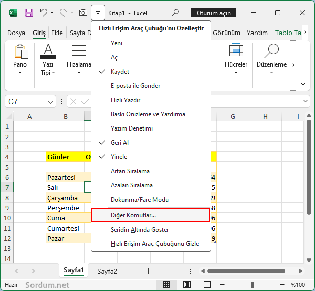 Excel Hızlı erişim araç çubuğu diğer komutlar