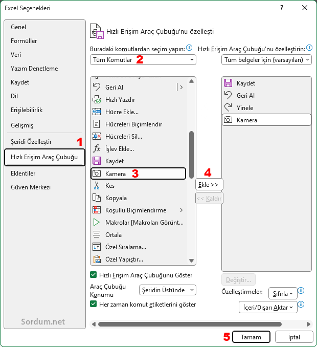 Excel Hızlı erişime kamera ekle