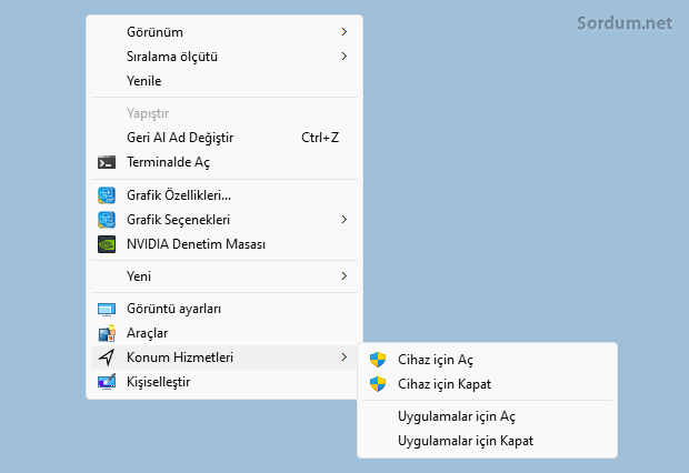 Sağ tuşa konum hizmeti ekleyin