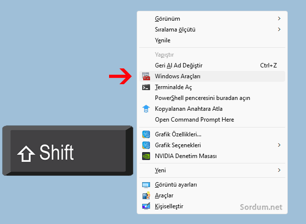 Shift sağ tuşunda Windows araçları