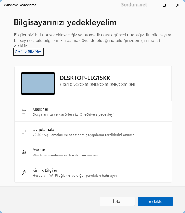 Windows yedekleme uygulaması arayüzü