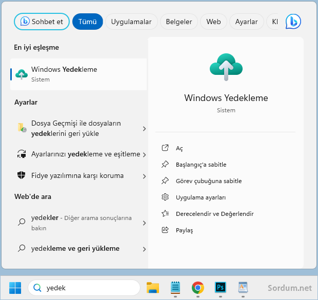 Aramada , Windows yedekleme uygulaması