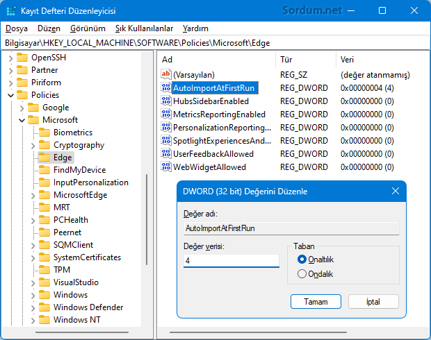 AutoImportAtFirstRun registry anahtarı