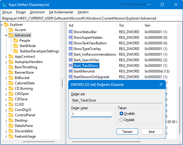 Registrydeki Start_TrackDocs değeri