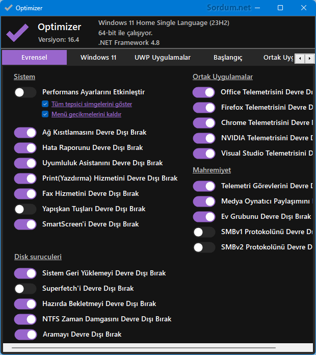 Optimizer evrensel ayarları