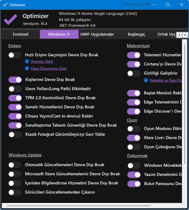 Optimizer Windows 11 Ayarları