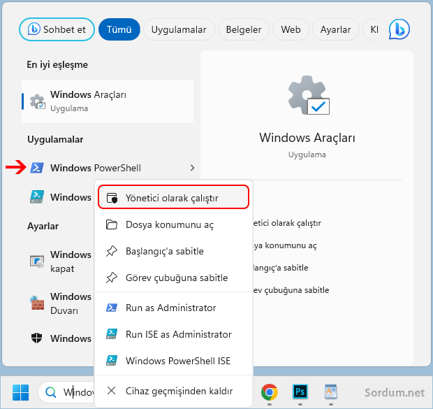 Powershelli yönetici yetkilerinde çalıştıralım