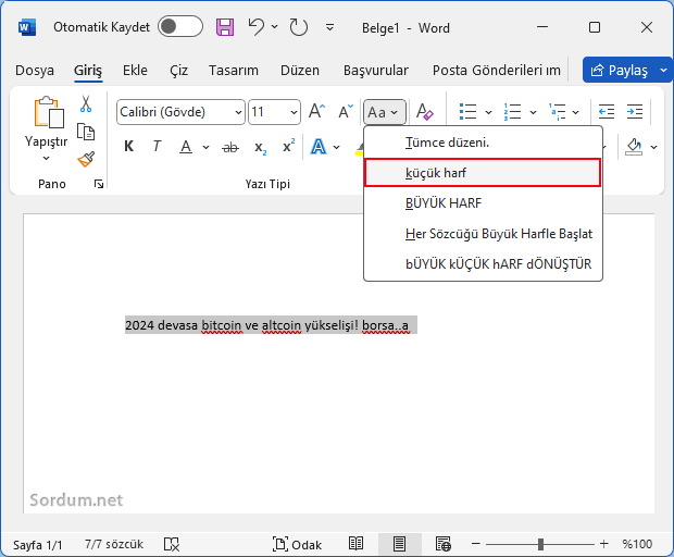 Microsoft Word yazı tipi Küçük ayarı