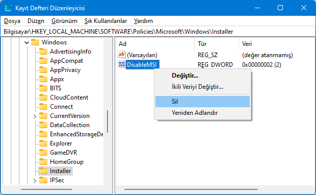 Disable msi anahtarını silme