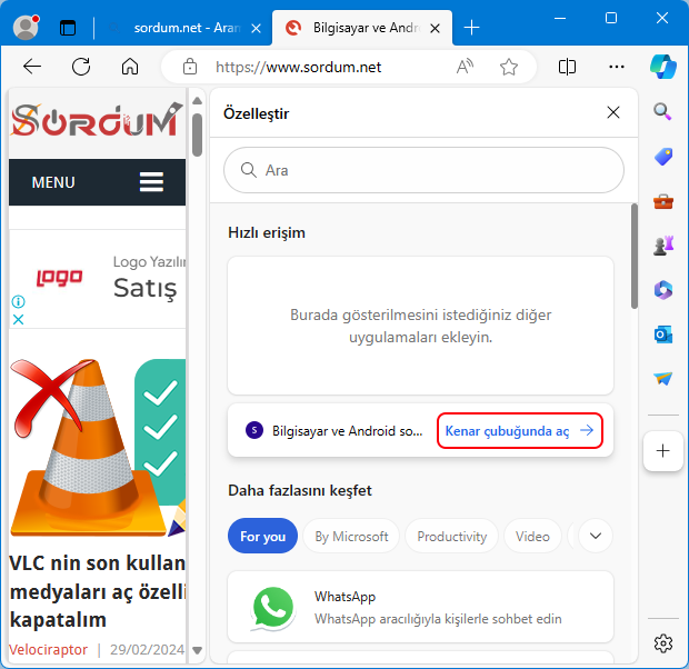 EDGE kenar çubuğunda aç özelliği