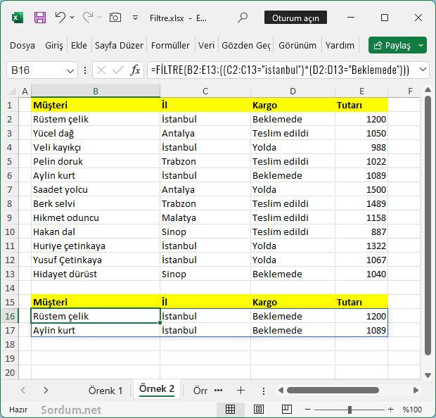 Excelde Birden fazla kritere göre filtreleme