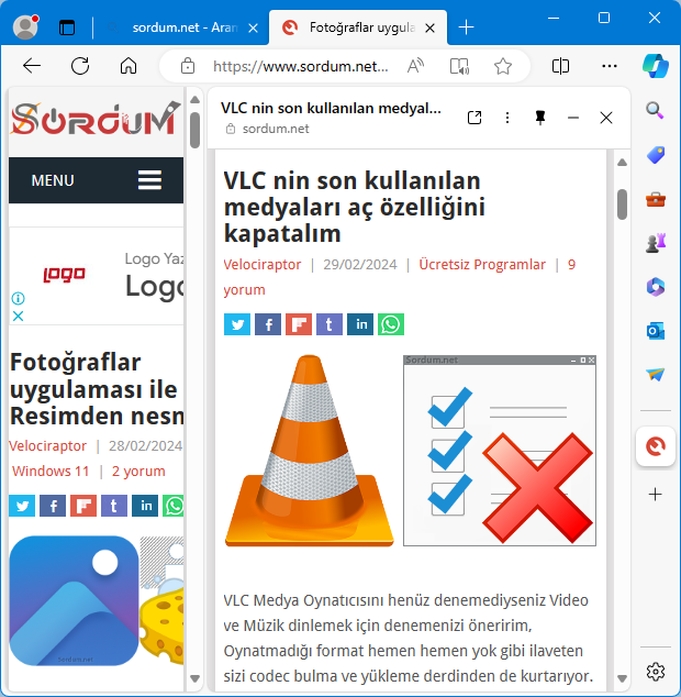 EDGE kenar çubuğunda Web sayfası