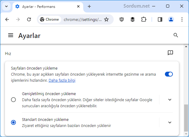 Chrome sayfaları önceden yükle ayarı aktif