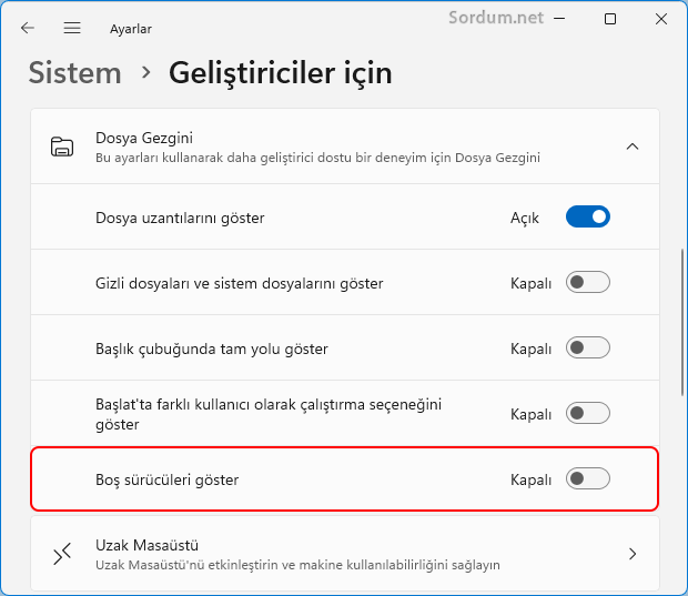 Boş sürücüler gösterilmesin ayarı