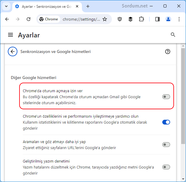 Chromede oturum açmaya izin ver ayarı kapalı