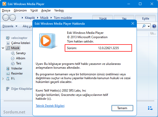 Eski Windows media player sürüm numarası