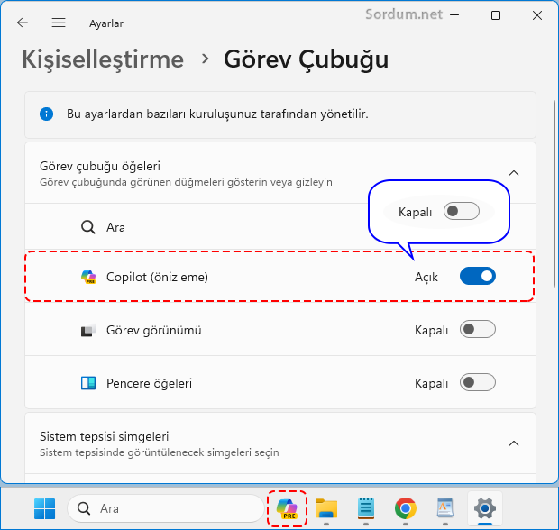 Görev çubuğunda Copilot ikonu