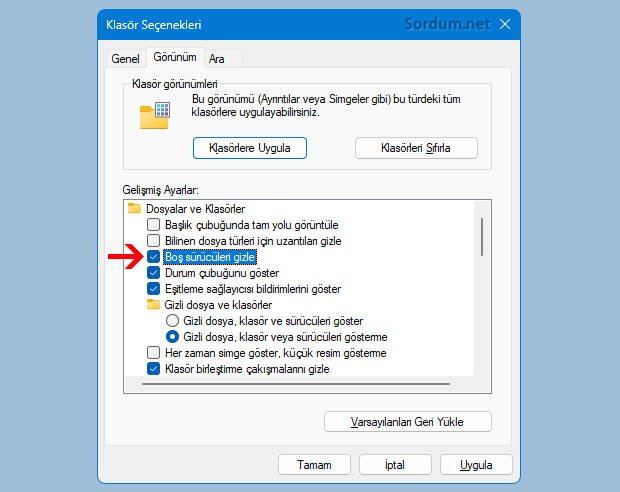 Klasör seçeneklerinde boş sürücüleri gizle - Göster ayarı