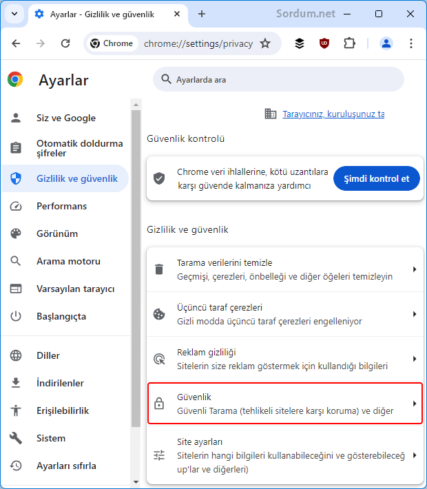 Google Chrome Güvenlik ayarı