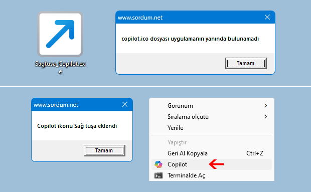 Copilot kısayolunu masaüstüne veya sağtuşa ekle