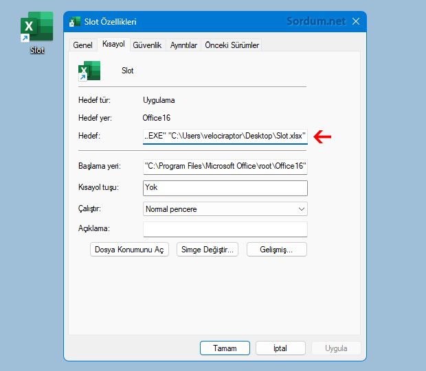 Excel Dosyası kısayolu hedef kısmı