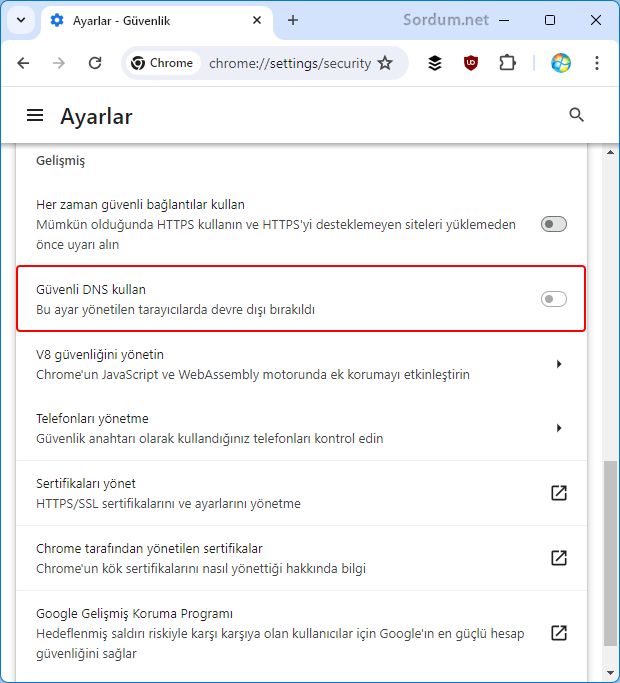 Güvenli DNS silik ve kullanılamıyor