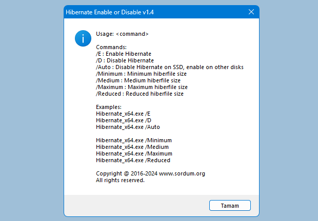 Hibernate enable disable Cmd parametre desteği