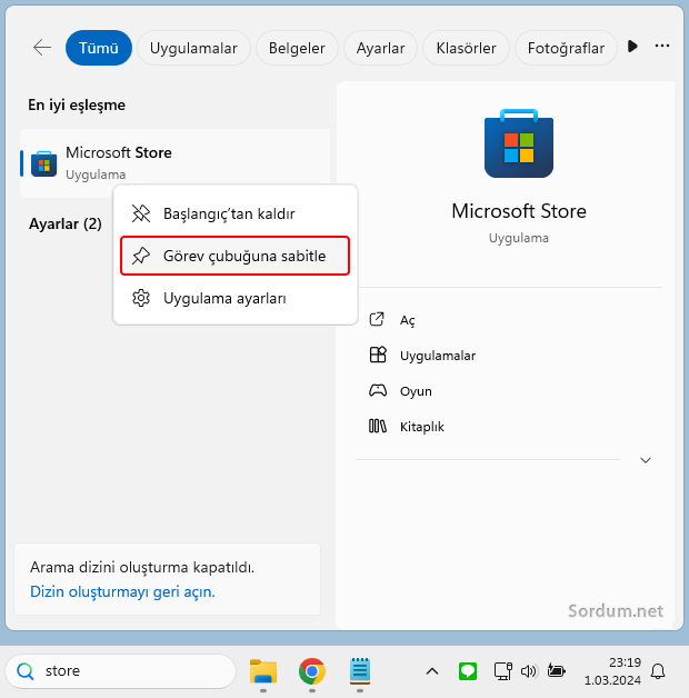 Microsoft Store görev çubuğuna sabitle ayarı