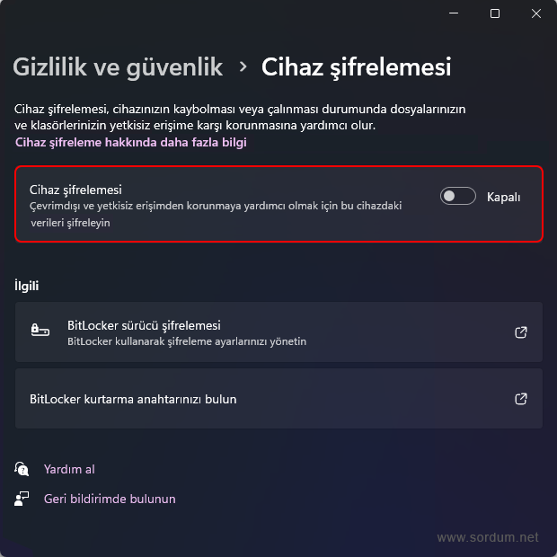 Ayarlardan Bitlocker i kapat