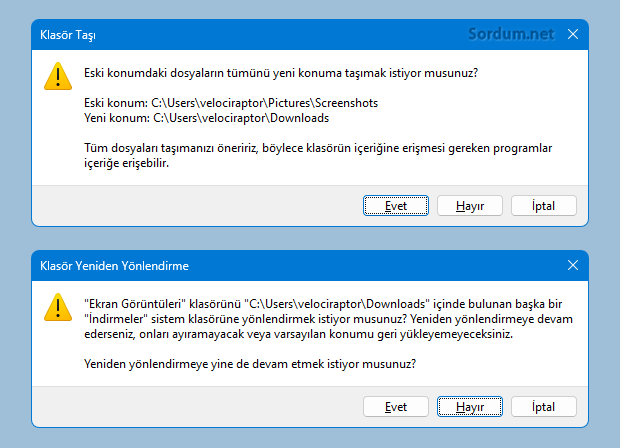 Ekran görüntüleri klasörünü taşıma onayı