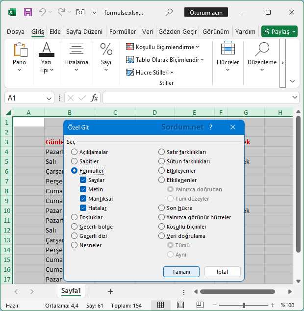 Excelde Git penceresindeki Formüller