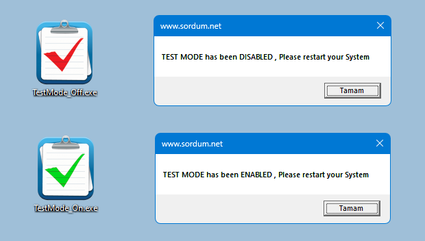 Bir tıkla sınama modunu kapatın yada açın