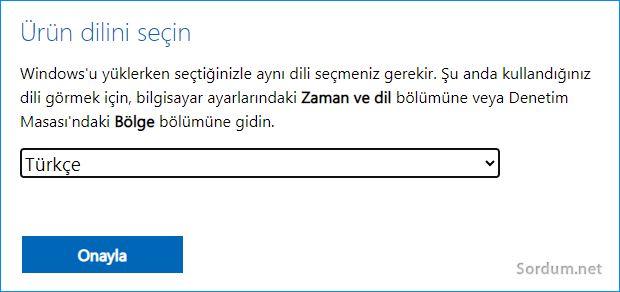 Windows ISO su dil seçim ekranı