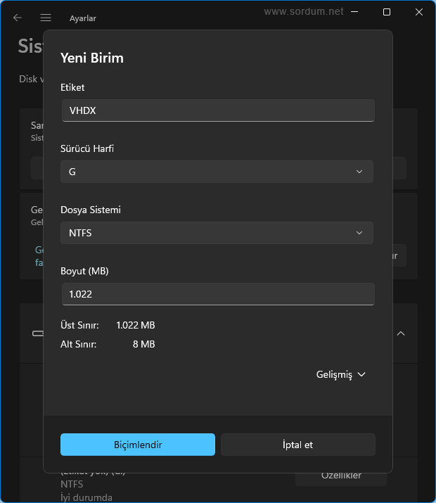 Sanal sabit diski (Vhd , Vhdx) Biçimlendir.