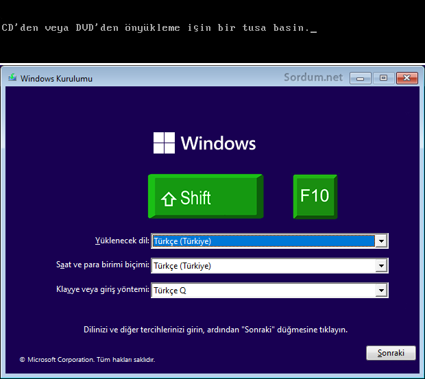 Windows kurulum ekranında Shift ve F10