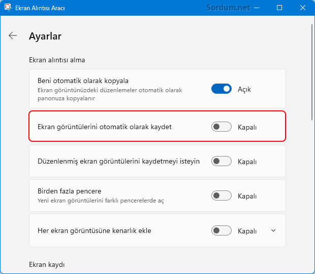 Ekran görüntülerini otomatik olarak kaydetmesin