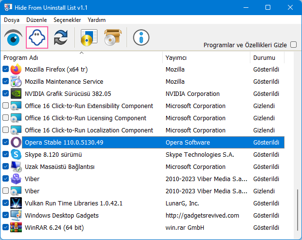 Hide from Uninstall List arayüzü