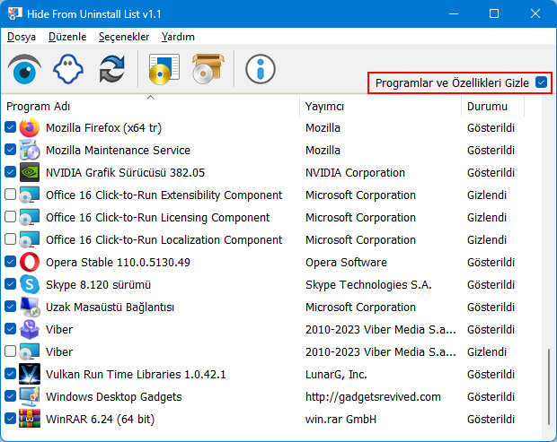 Program kaldir listesini gizlemek