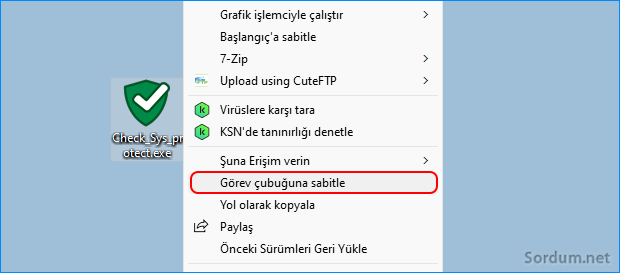 Sağ tuşta Görev çubuğuna sabitle