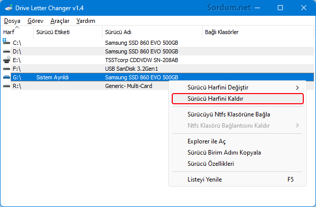 Driver Letter Changer ile Sistem ayrıldı bölümünü görünmez yap