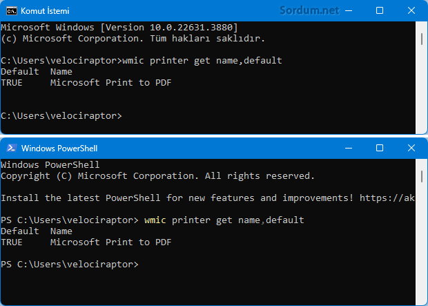 varsayılan yazıcıyı komutla bul